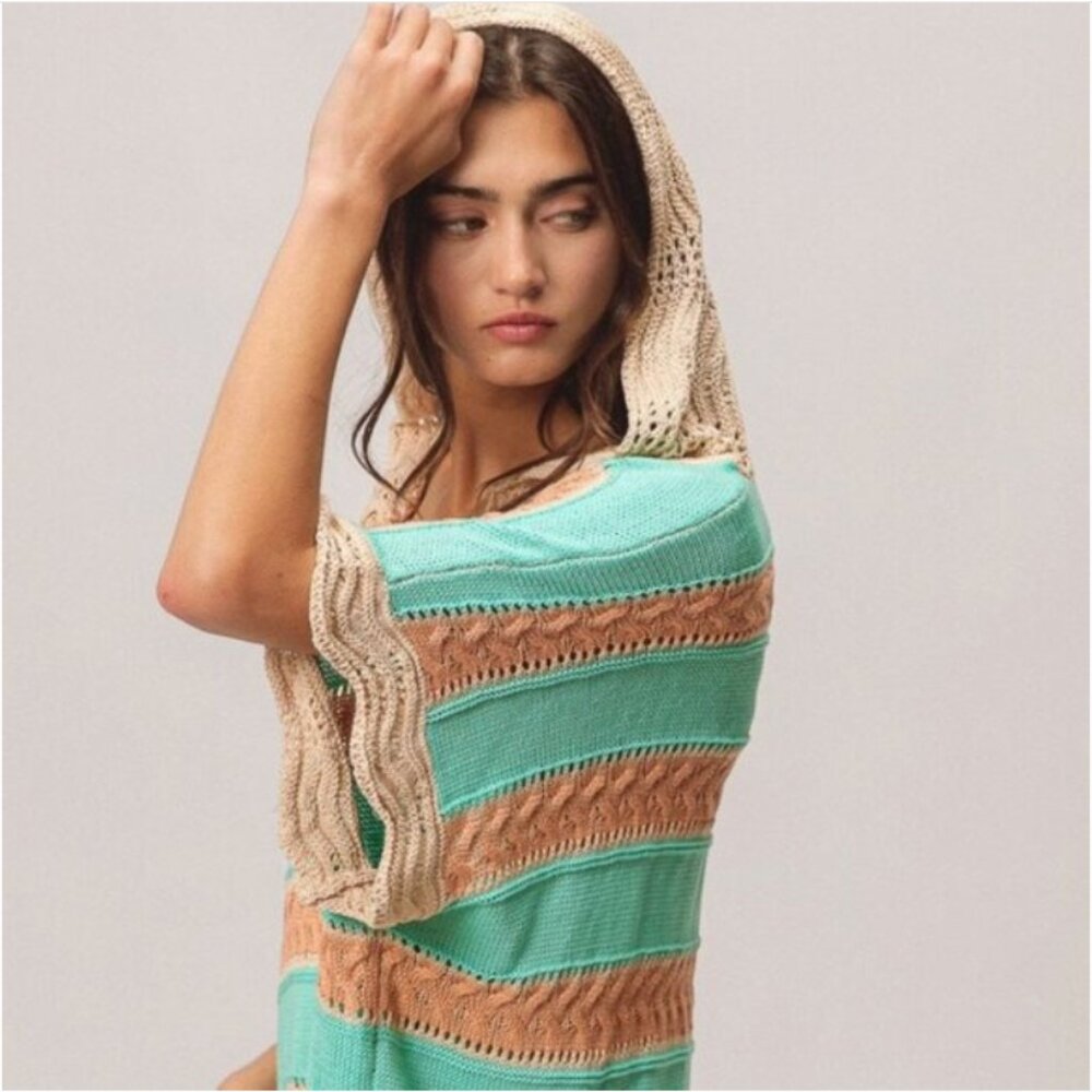 BiBi Green and Tan Striped Crochet Knit Top Size Medium - Picture 3 of 10